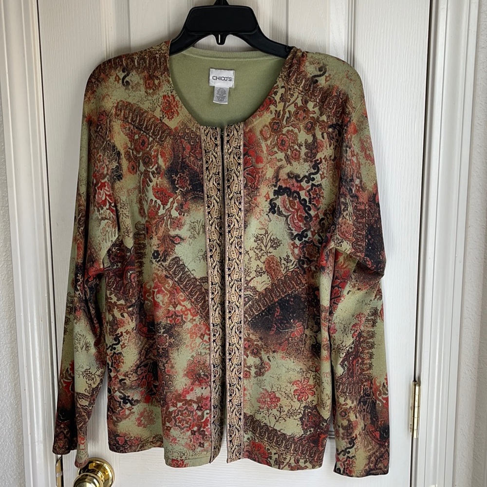 NWOT CHICOS BEAUTIFUL OLIVE DRAB RUST AND BLACK SWEATER SZ 3
